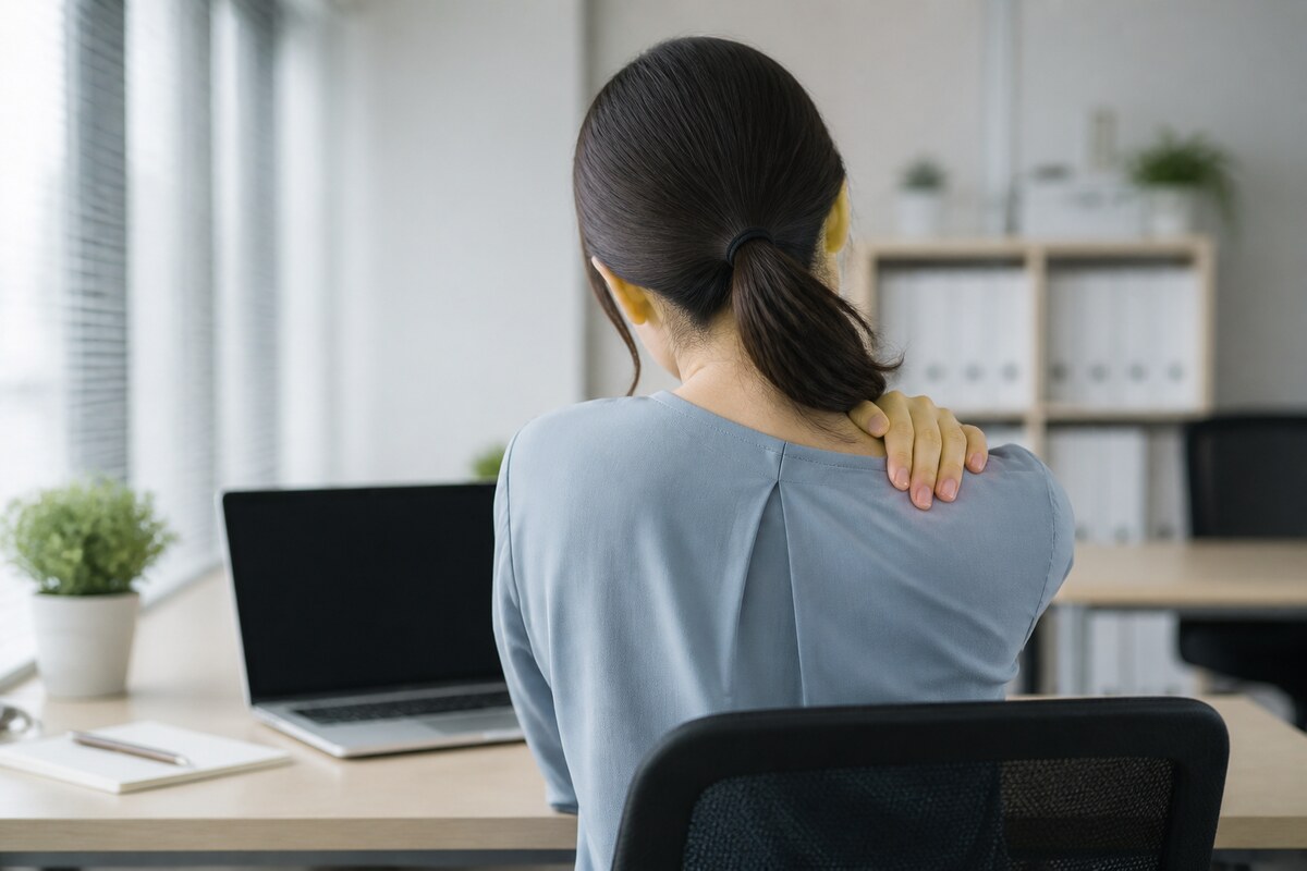 デスクワークで肩の高さに左右差が出た30代女性の後ろ姿|片側だけ落ちる肩ひもと肩甲骨の位置