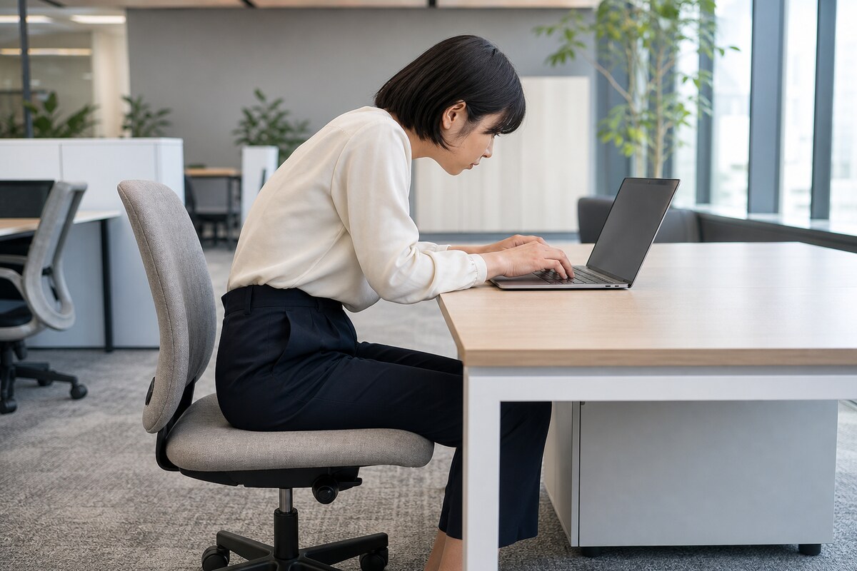 ノートPCを机に直置きして首が前に出た30代女性のデスクワーク姿勢