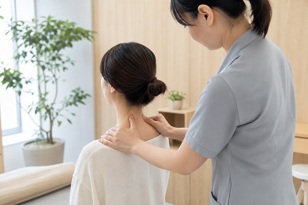 座った姿勢で首の付け根に施術を受ける女性|スマホ姿勢で固まった首まわりを整える - 美容整体ReLUMI天王寺