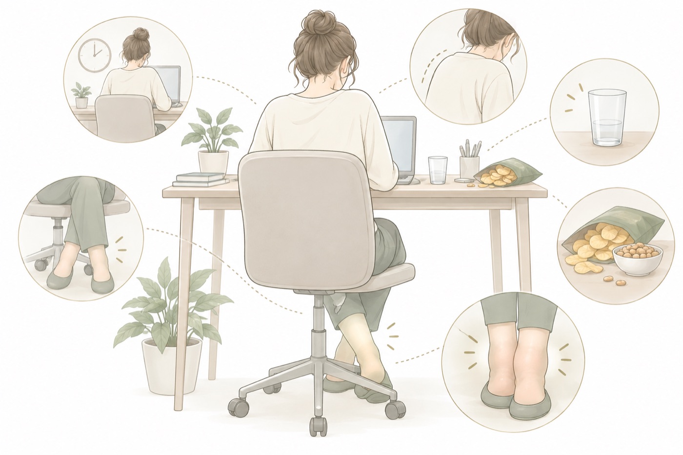 むくみを招く日常グセ5選|デスクワークで起きやすい順にのイラスト - 美容整体ReLUMI天王寺