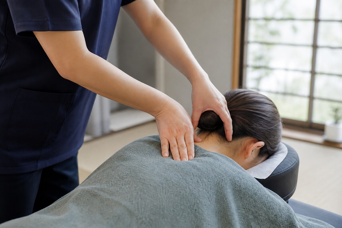 首の付け根と肩甲骨まわりに施術を受ける女性 - 美容整体ReLUMI天王寺