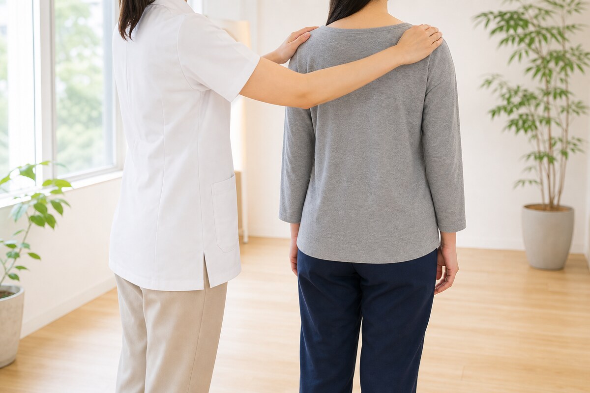 立ち姿勢の左右バランスを確認する美容整体の施術風景|産後の姿勢を戻す