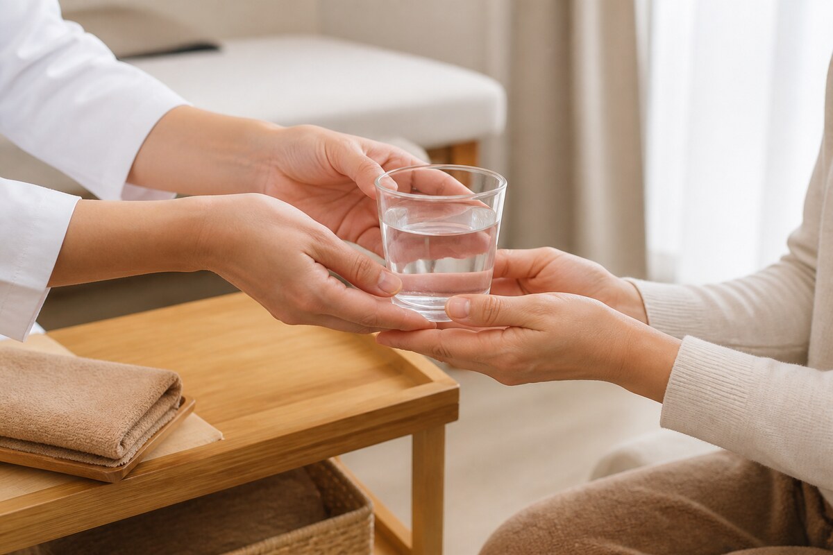 施術後に水をお渡ししながら当日の過ごし方をお伝えする様子 - 美容整体ReLUMI天王寺