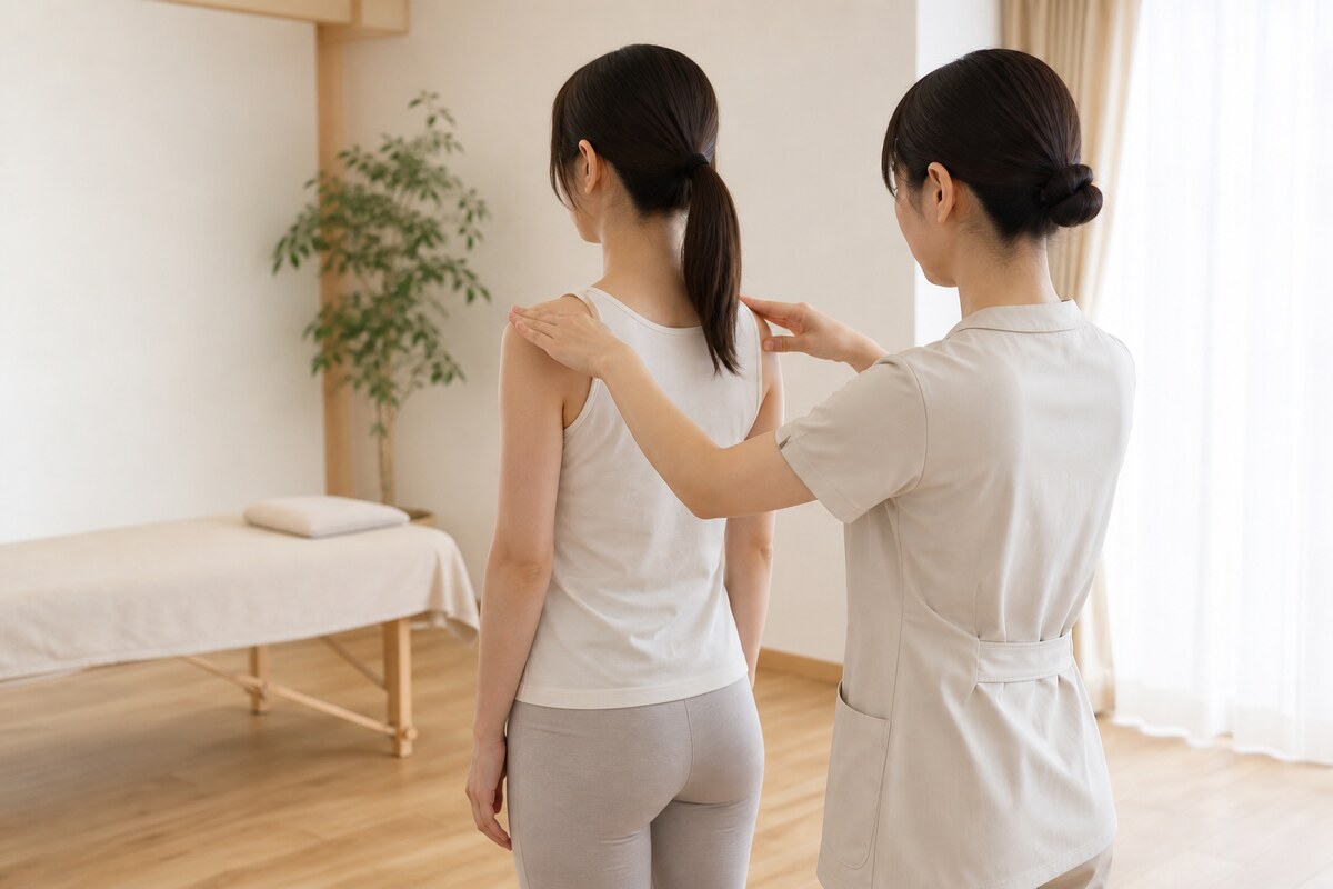 立った姿勢で肩の左右差を確認する施術シーン|姿勢の状態を客観的に見る - 美容整体ReLUMI天王寺
