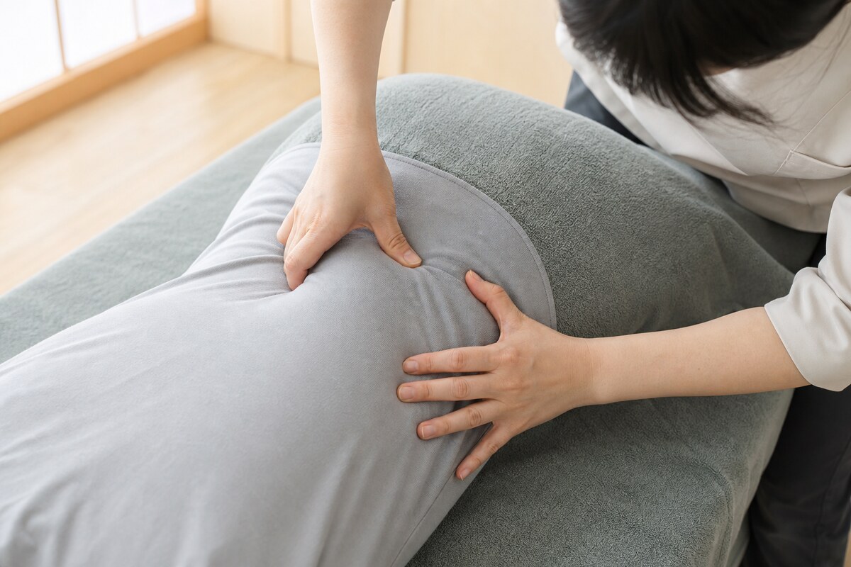 横向きで体側から骨盤まわりに整体の施術を受ける30代女性 - 美容整体ReLUMI天王寺