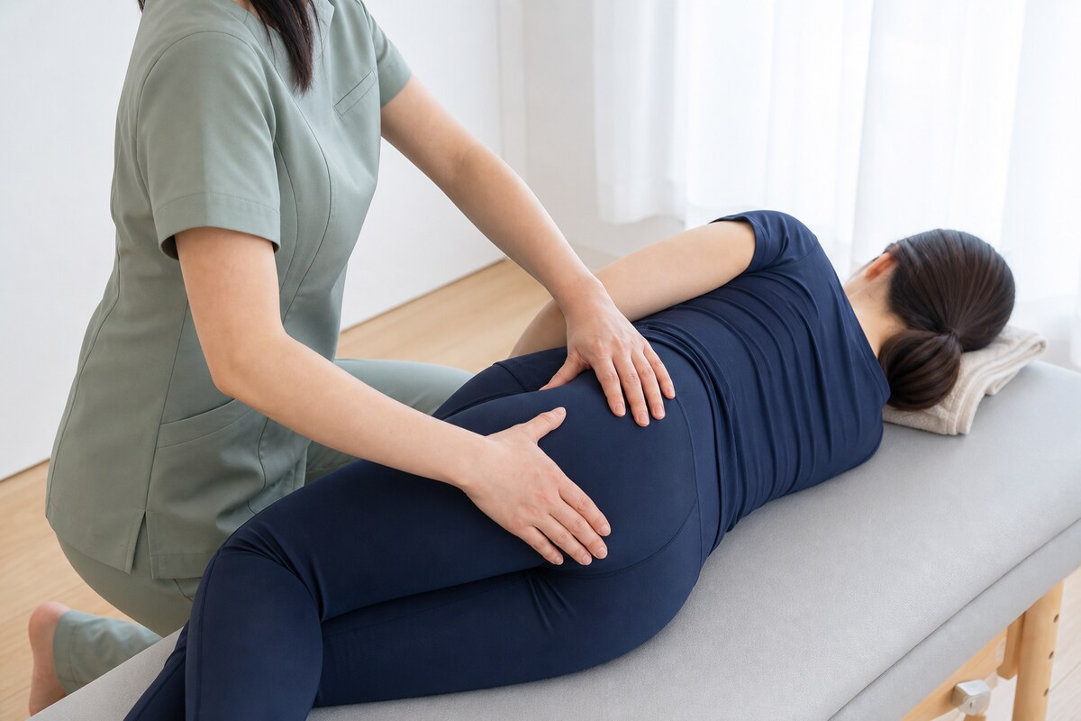 横向きで骨盤まわりに施術を受ける女性|前に倒れた骨盤の位置を戻す反り腰の施術 - 美容整体ReLUMI天王寺