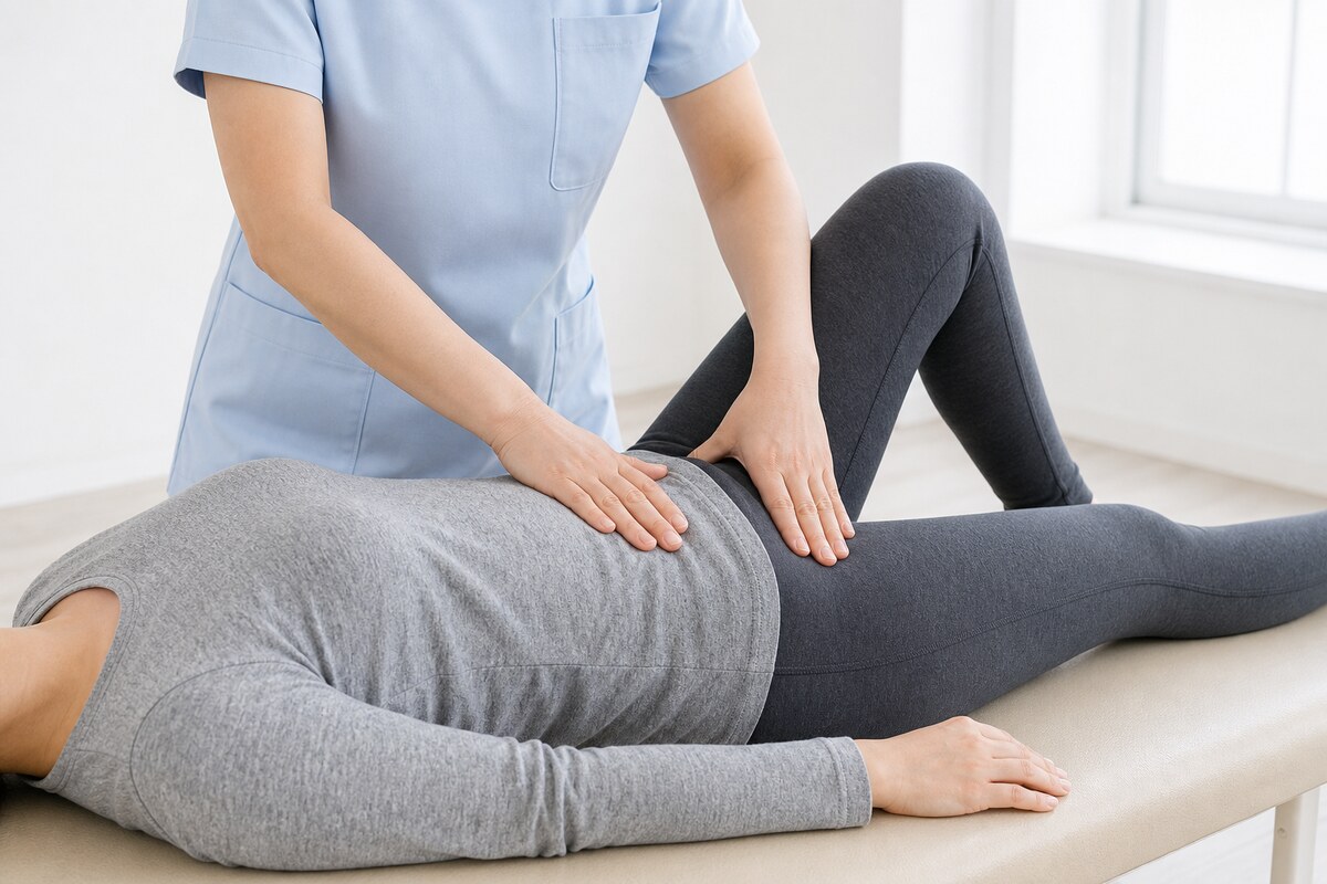仰向けで股関節の前側と太ももに施術を受ける女性|骨盤を前に引く縮みを戻す反り腰の施術 - 美容整体ReLUMI天王寺