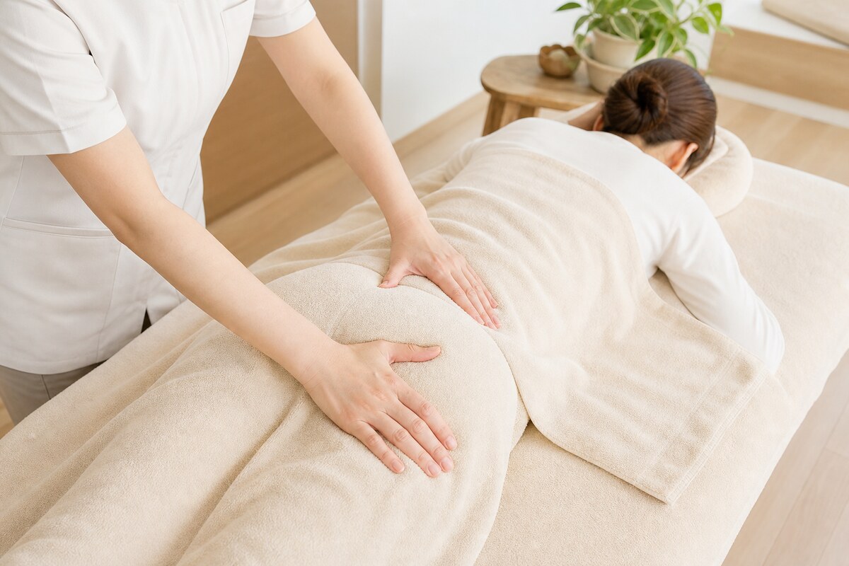 うつ伏せで骨盤・お尻まわりへの整体施術を受ける女性