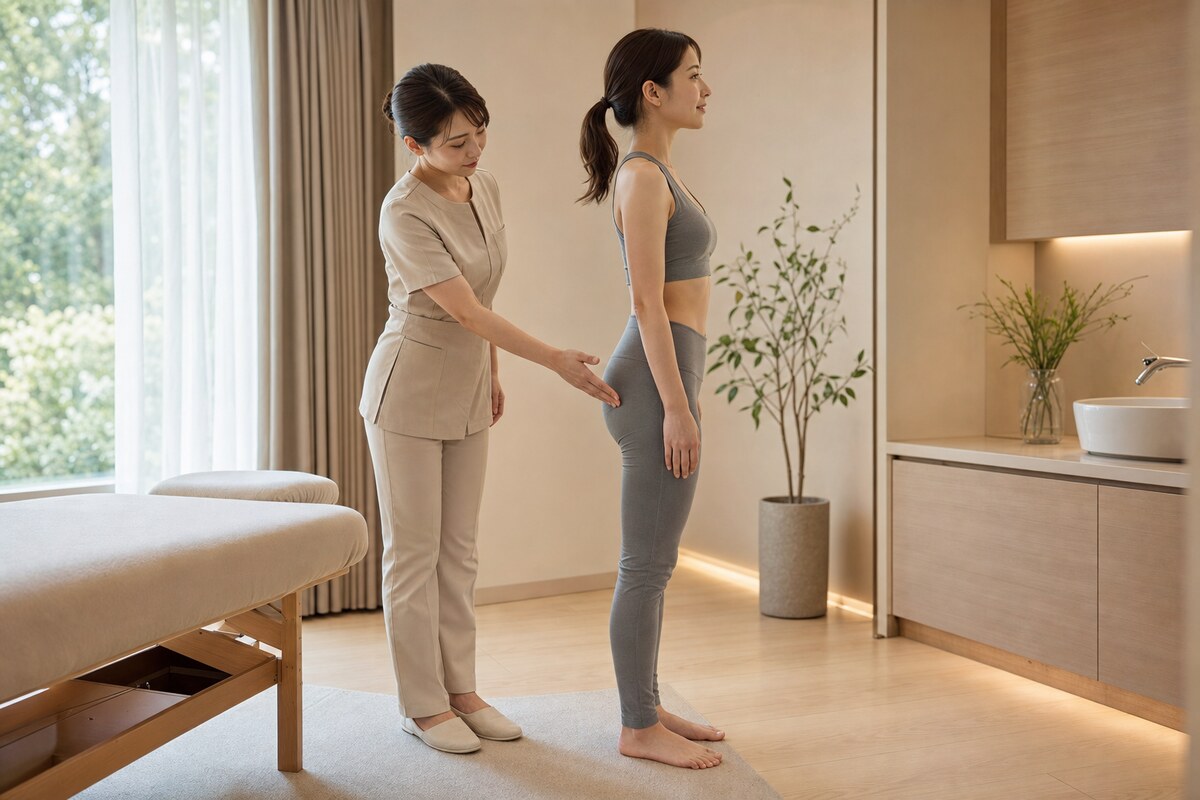 反り腰のお腹まわりの見え方を骨盤の傾きから確認する整体師と女性