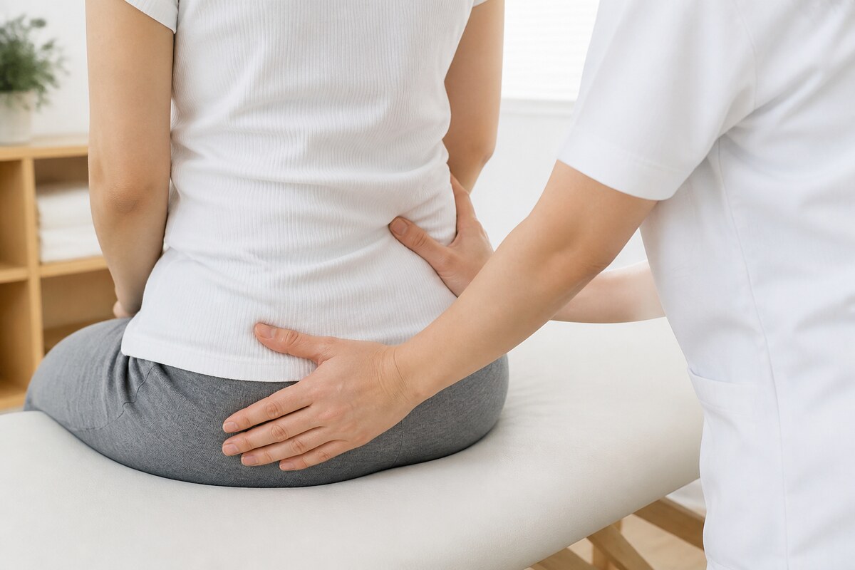 施術ベッドに座った姿勢で腰と骨盤に施術を受ける女性|立ち上がる前の骨盤の位置を整える施術 - 美容整体ReLUMI天王寺
