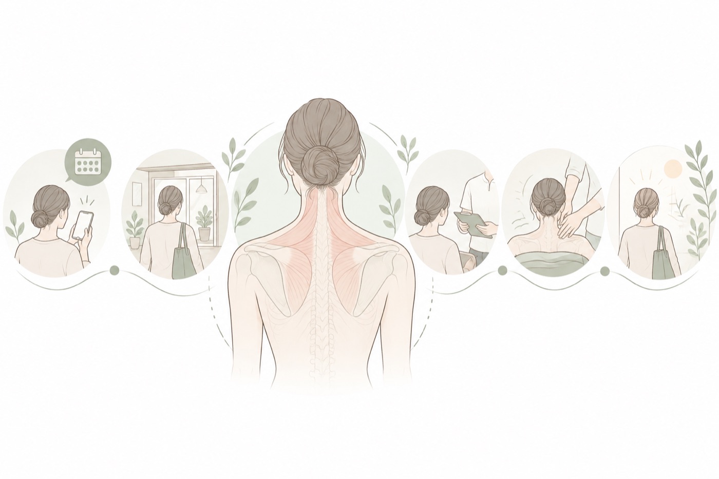 初めての方へ|肩凝りで初回体験を予約してから帰るまでの流れのイラスト - 美容整体ReLUMI天王寺