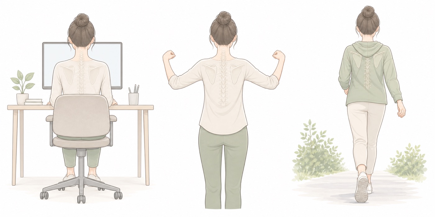 施術の間の日に、背中を丸めないためにできる3つの習慣のイラスト - 美容整体ReLUMI天王寺