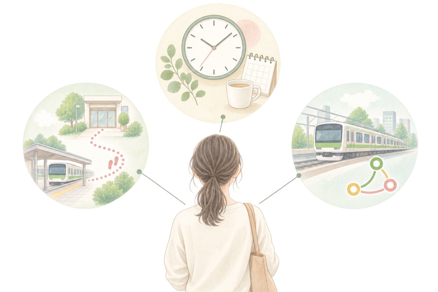 天王寺駅・阿倍野エリアで「通いやすさ」を測る3つのものさしのイラスト - 美容整体ReLUMI天王寺