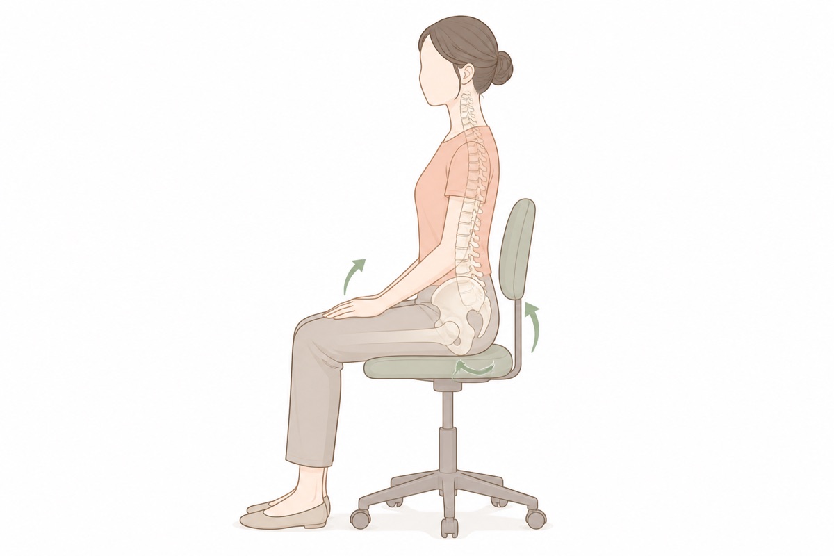 椅子に座ったまま骨盤を立て直す1分リセットの姿勢を示した解説イラスト - 美容整体ReLUMI天王寺