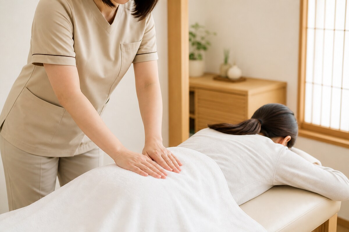 天王寺の骨膜リリース施術|腰と骨盤への施術を受ける30代女性 - 美容整体ReLUMI天王寺
