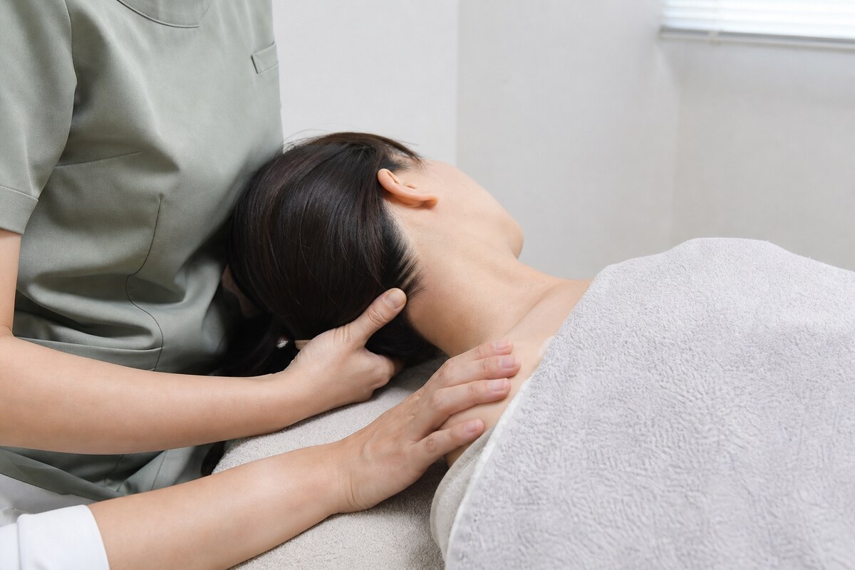 首と肩まわりへの整体施術を受ける女性|夏に固まった首の後ろを土台から整える - 美容整体ReLUMI天王寺