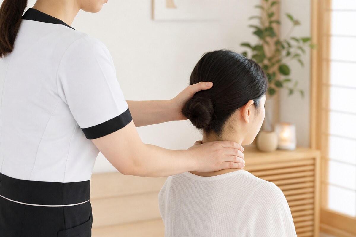 頭と首まわりのこわばりを整える整体施術を受ける30代デスクワーク女性